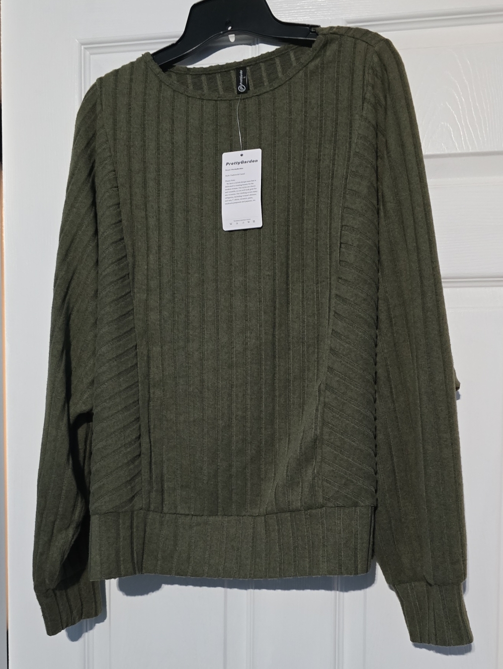 PrettyGarden Olive Green Pleated Rib Crew Sweater